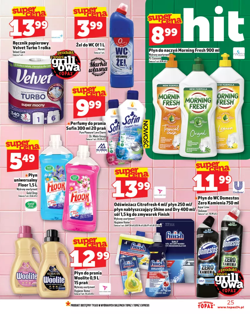 Gazetka promocyjna Topaz - Gazetka - ważna 12.06 do 18.06.2025 - strona 25 - produkty: Domestos, Finish, Papier, Perfum, Płyn do prania, Płyn do wc, Płyn nabłyszczający, Pur, Ręcznik, Sól, Top, Velvet, Woolite, Zmywarki