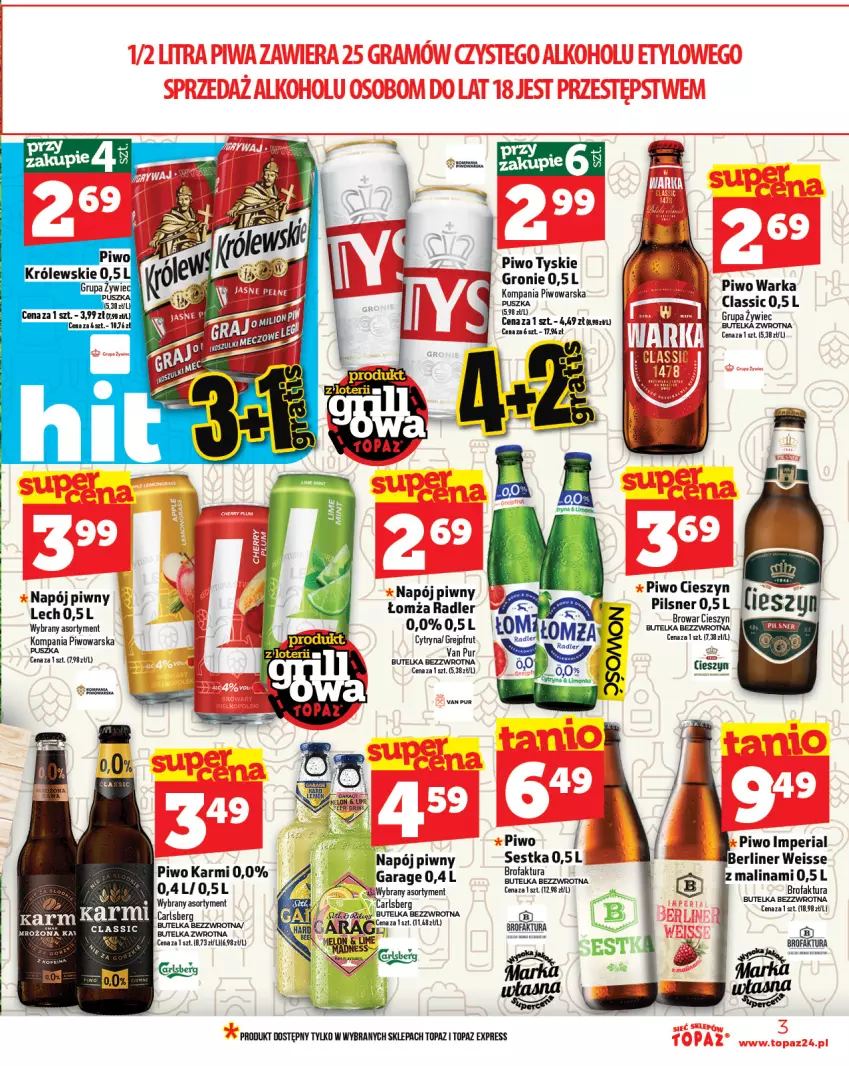Gazetka promocyjna Topaz - Gazetka - ważna 12.06 do 18.06.2025 - strona 3 - produkty: Fa, Grejpfrut, Karmi, Melon, Napój, Piwo, Pur, Radler, Top, Tyskie, Warka