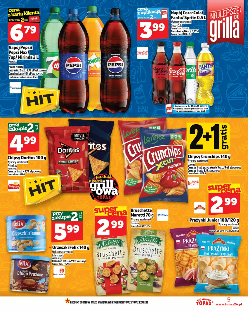 Gazetka promocyjna Topaz - Gazetka - ważna 12.06 do 18.06.2025 - strona 5 - produkty: Bruschette, Chipsy, Coca-Cola, Crunchips, Felix, Napój, Orzeszki, Sprite, Top