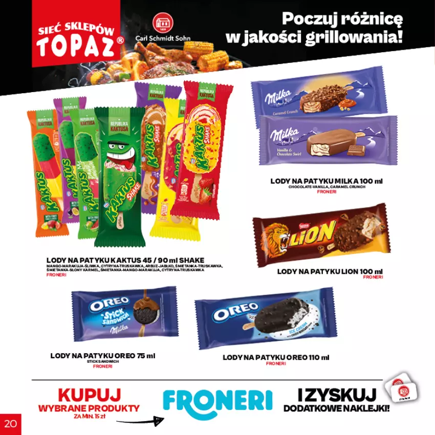 Gazetka promocyjna Topaz - Gazetka - ważna 29.04 do 18.07.2021 - strona 19 - produkty: Kaktus, Lody, Mango, Milka, Oreo