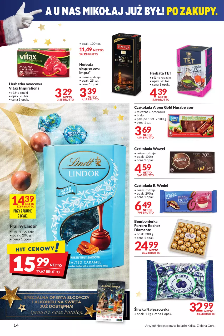 Gazetka promocyjna Makro - [Oferta promocyjna] Artykuły spożywcze i przemysłowe - ważna 30.11 do 13.12.2021 - strona 14 - produkty: Czekolada, Deser, Diamant, E. Wedel, Ferrero, Ferrero Rocher, Herbata, Lindor, Praliny, Ser, Vitax, Wawel