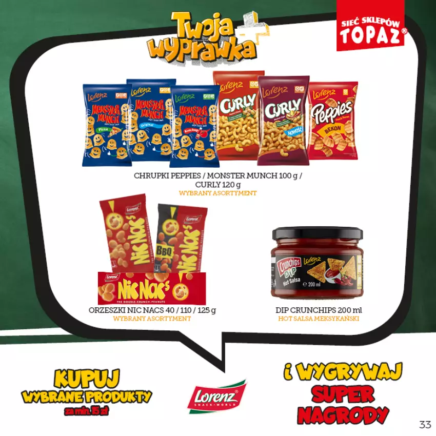 Gazetka promocyjna Topaz - Gazetka - ważna 16.08 do 16.10.2022 - strona 33 - produkty: Chrupki, Crunchips, Gry, Lorenz, Monster Munch, Orzeszki