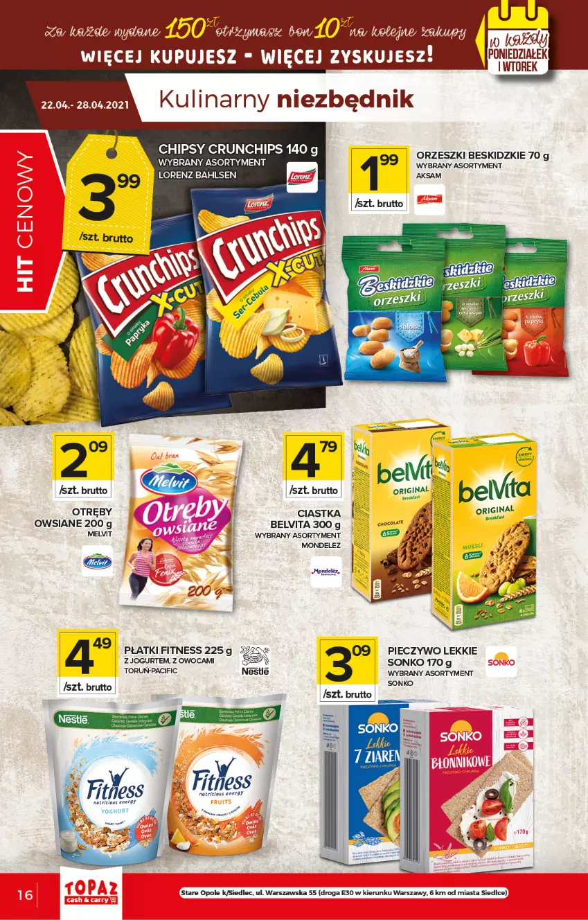 Gazetka promocyjna Topaz - Gazetka - ważna 22.04 do 28.04.2021 - strona 16 - produkty: Aksam, BelVita, Beskidzki, Chipsy, Ciastka, Cif, Crunchips, Jogurt, Lorenz, Melvit, Orzeszki, Piec, Pieczywo, Sonko