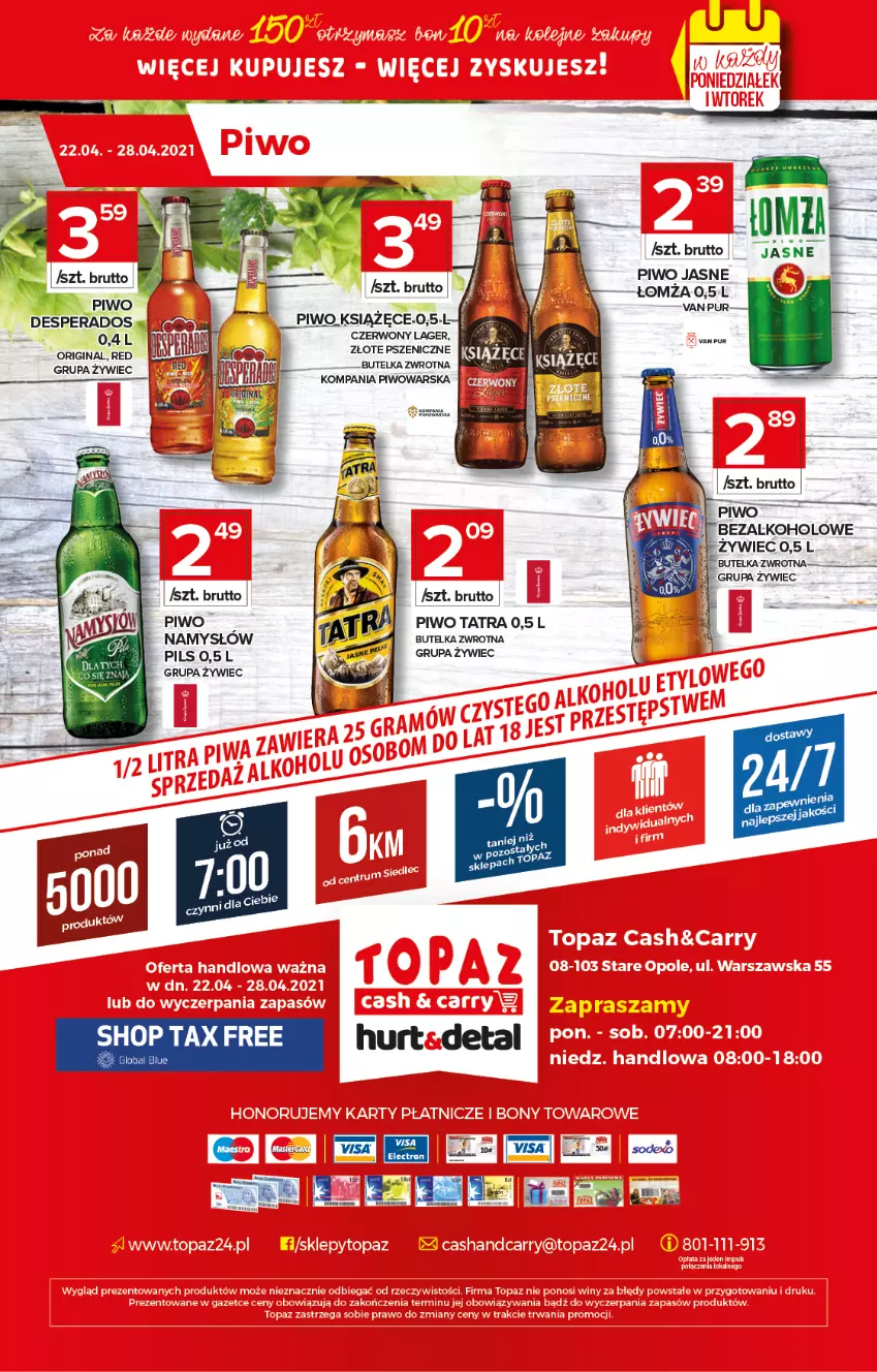 Gazetka promocyjna Topaz - Gazetka - ważna 22.04 do 28.04.2021 - strona 20 - produkty: Desperados, Gin, Namysłów, Piwo, Piwo jasne, Pur, Rum, Tatra