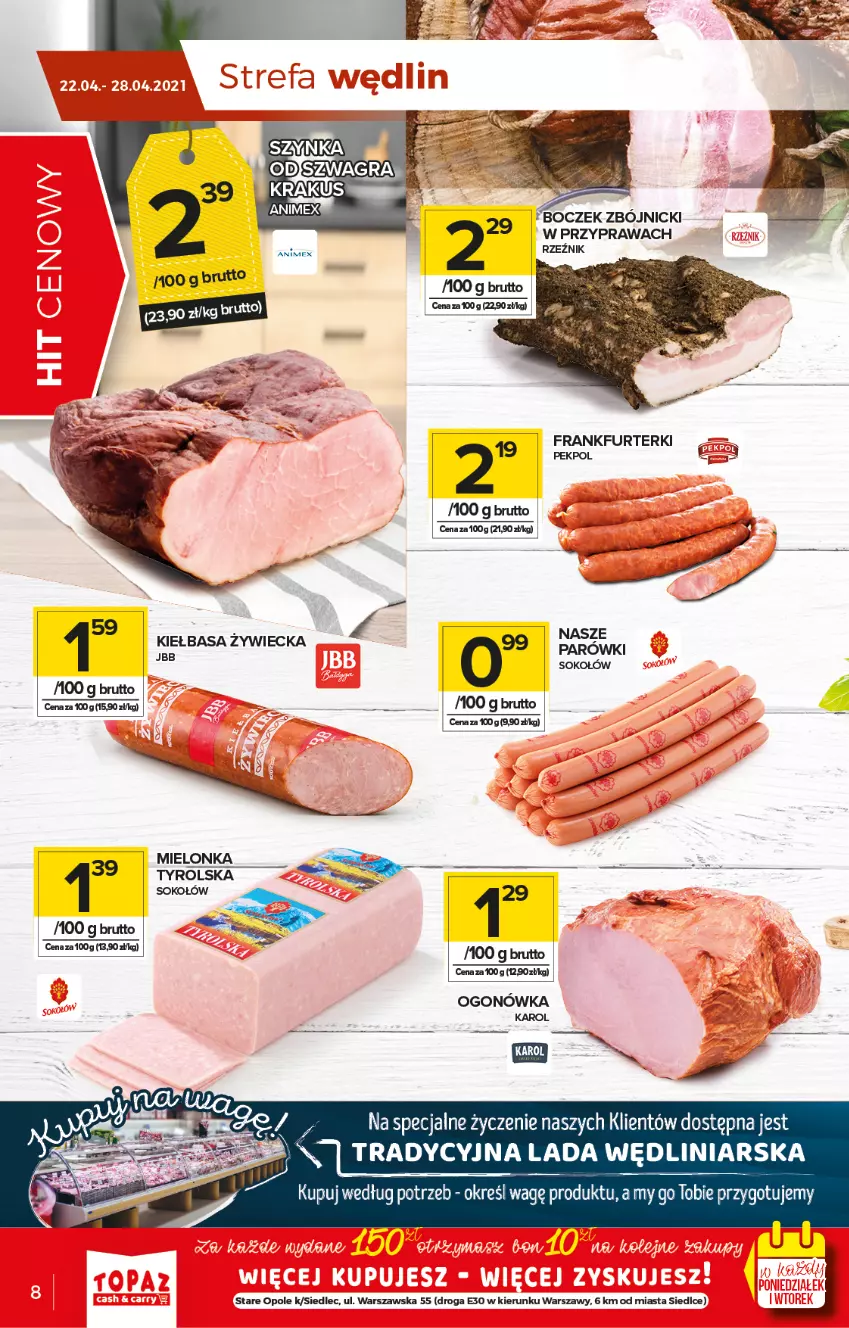 Gazetka promocyjna Topaz - Gazetka - ważna 22.04 do 28.04.2021 - strona 8 - produkty: Boczek, Frankfurterki, Kiełbasa, Krakus, Ogonówka, Pekpol, Sok, Sokołów