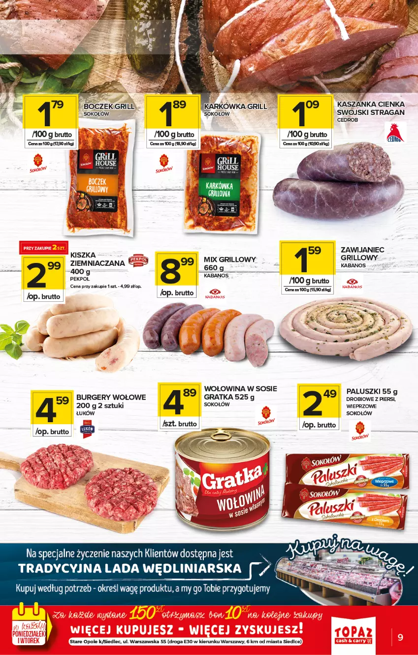 Gazetka promocyjna Topaz - Gazetka - ważna 22.04 do 28.04.2021 - strona 9 - produkty: Boczek, Burger, Gra, Grill, Kabanos, Kasza, Kaszanka, Pekpol, Sok, Sokołów, Sos, Wołowina