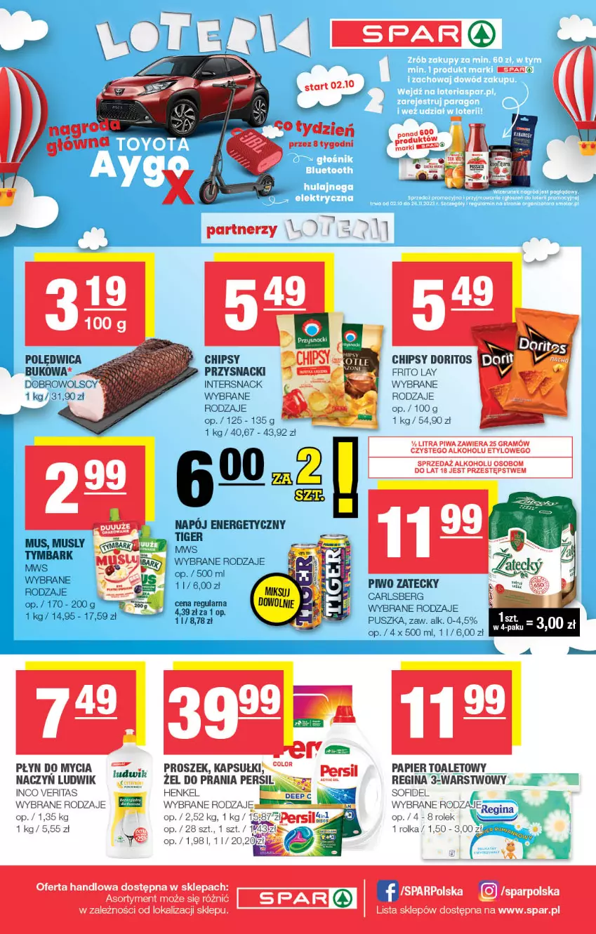 Gazetka promocyjna Spar - Spar - ważna 15.10 do 25.10.2023 - strona 8 - produkty: Carlsberg, Chipsy, Gin, Gra, Ludwik, Mus, Napój, Napój energetyczny, Papier, Papier toaletowy, Persil, Piwa, Piwo, Polędwica, Przysnacki, Tymbark