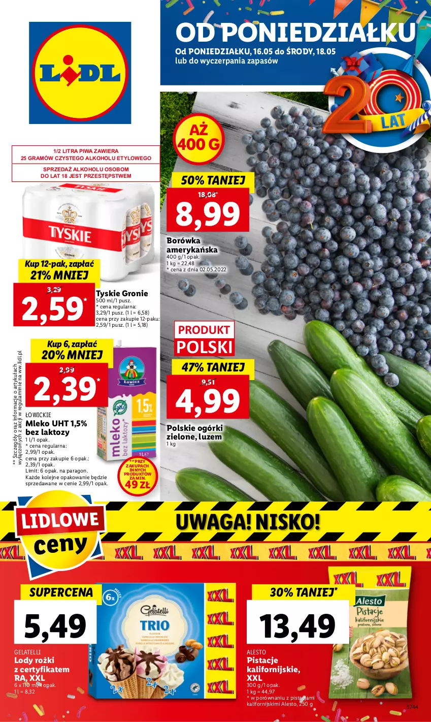 Gazetka promocyjna Lidl - GAZETKA - ważna 16.05 do 18.05.2022 - strona 1 - produkty: Borówka, Gra, Lody, Mleko, Olej, Pistacje, Piwa, Por, Tyskie, Waga