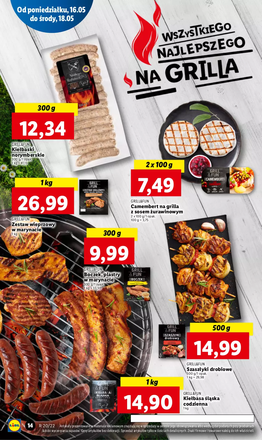 Gazetka promocyjna Lidl - GAZETKA - ważna 16.05 do 18.05.2022 - strona 14 - produkty: Boczek, Camembert, Grill, Kiełbasa, Kiełbasa śląska, Sos, Wino