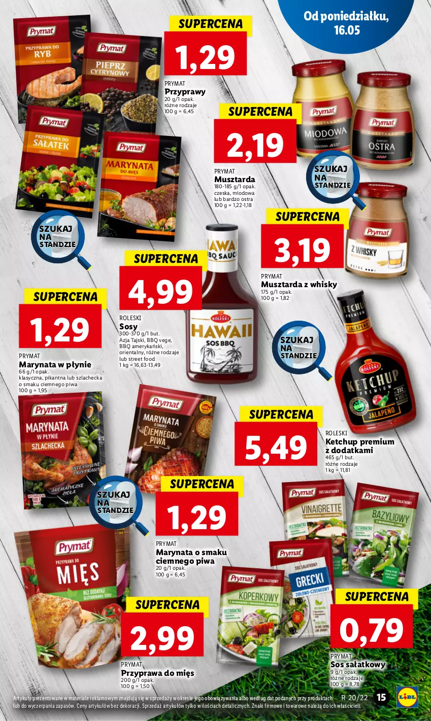 Gazetka promocyjna Lidl - GAZETKA - ważna 16.05 do 18.05.2022 - strona 15 - produkty: Ketchup, Mus, Musztarda, Piwa, Prymat, Przyprawy, Sałat, Sos, Whisky