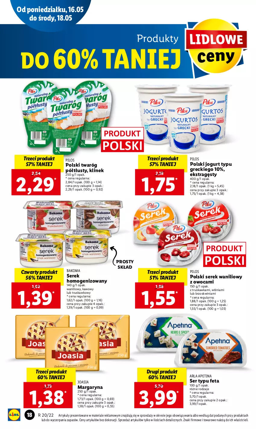 Gazetka promocyjna Lidl - GAZETKA - ważna 16.05 do 18.05.2022 - strona 18 - produkty: Bakoma, Feta, Jogurt, Margaryna, Pilos, Ser, Serek, Serek homogenizowany, Twaróg, Twaróg półtłusty