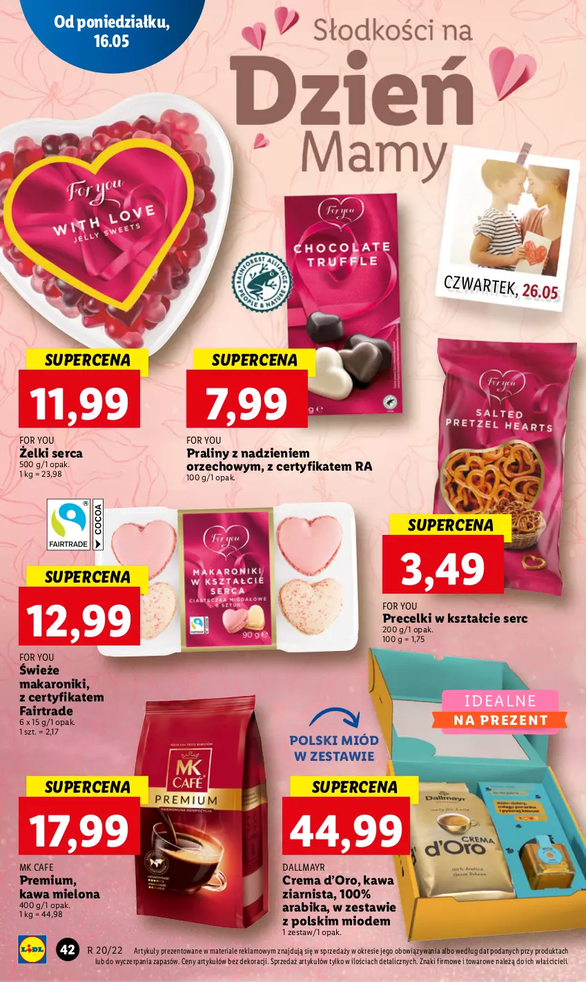 Gazetka promocyjna Lidl - GAZETKA - ważna 16.05 do 18.05.2022 - strona 42 - produkty: Dallmayr, Fa, Kawa, Kawa mielona, Kawa ziarnista, Makaron, Miód, Praliny, Precelki, Ser