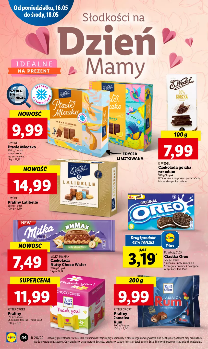 Gazetka promocyjna Lidl - GAZETKA - ważna 16.05 do 18.05.2022 - strona 44 - produkty: Bell, Ciastka, Czekolada, Czekolada gorzka, E. Wedel, Kakao, Milka, Mleczko, Oreo, Por, Praliny, Ptasie mleczko, Ritter Sport, Rum, Sport