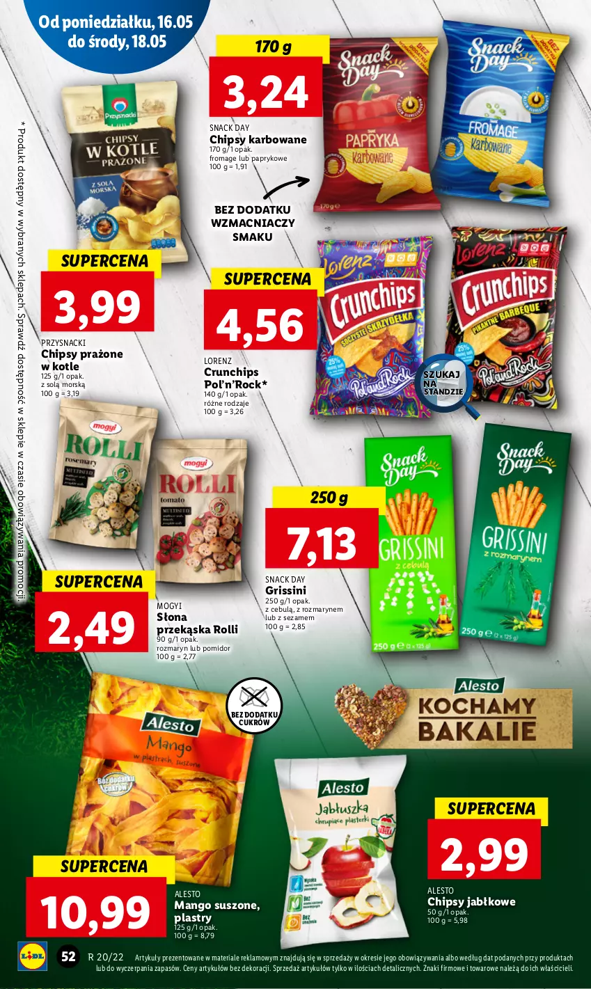 Gazetka promocyjna Lidl - GAZETKA - ważna 16.05 do 18.05.2022 - strona 52 - produkty: Chipsy, Crunchips, Grissini, Lorenz, Mango, Mango suszone, Przysnacki, Sezam