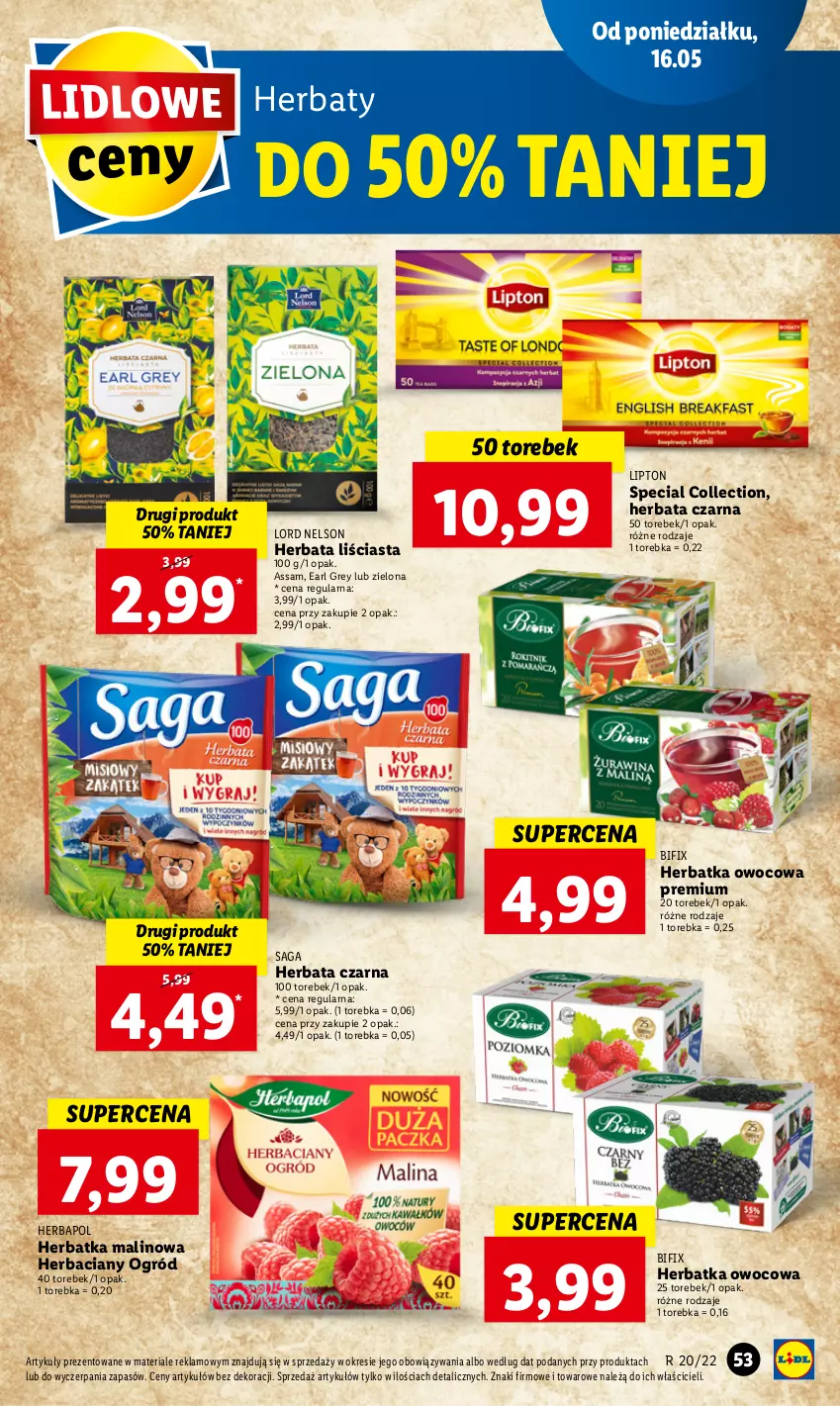 Gazetka promocyjna Lidl - GAZETKA - ważna 16.05 do 18.05.2022 - strona 53 - produkty: Earl Grey, Herbapol, Herbata, Herbata czarna, Lipton, Ogród, Saga, Torebka