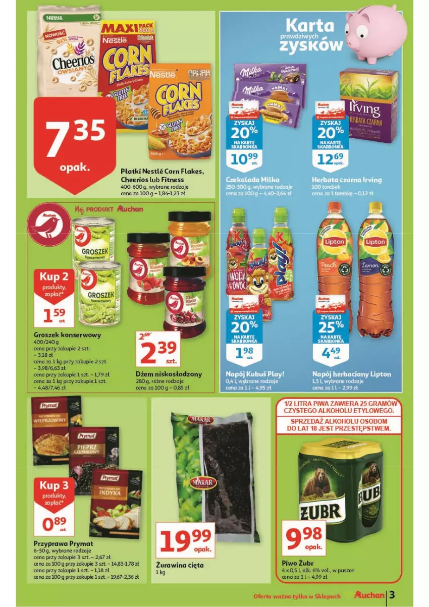 Gazetka promocyjna Auchan - Oszczędzanie z kartą skarbonka Moje Auchan - ważna 14.10 do 20.10.2021 - strona 3 - produkty: Cheerios, Corn flakes, Dżem, Gra, Groszek, Piwa, Prymat, Ser