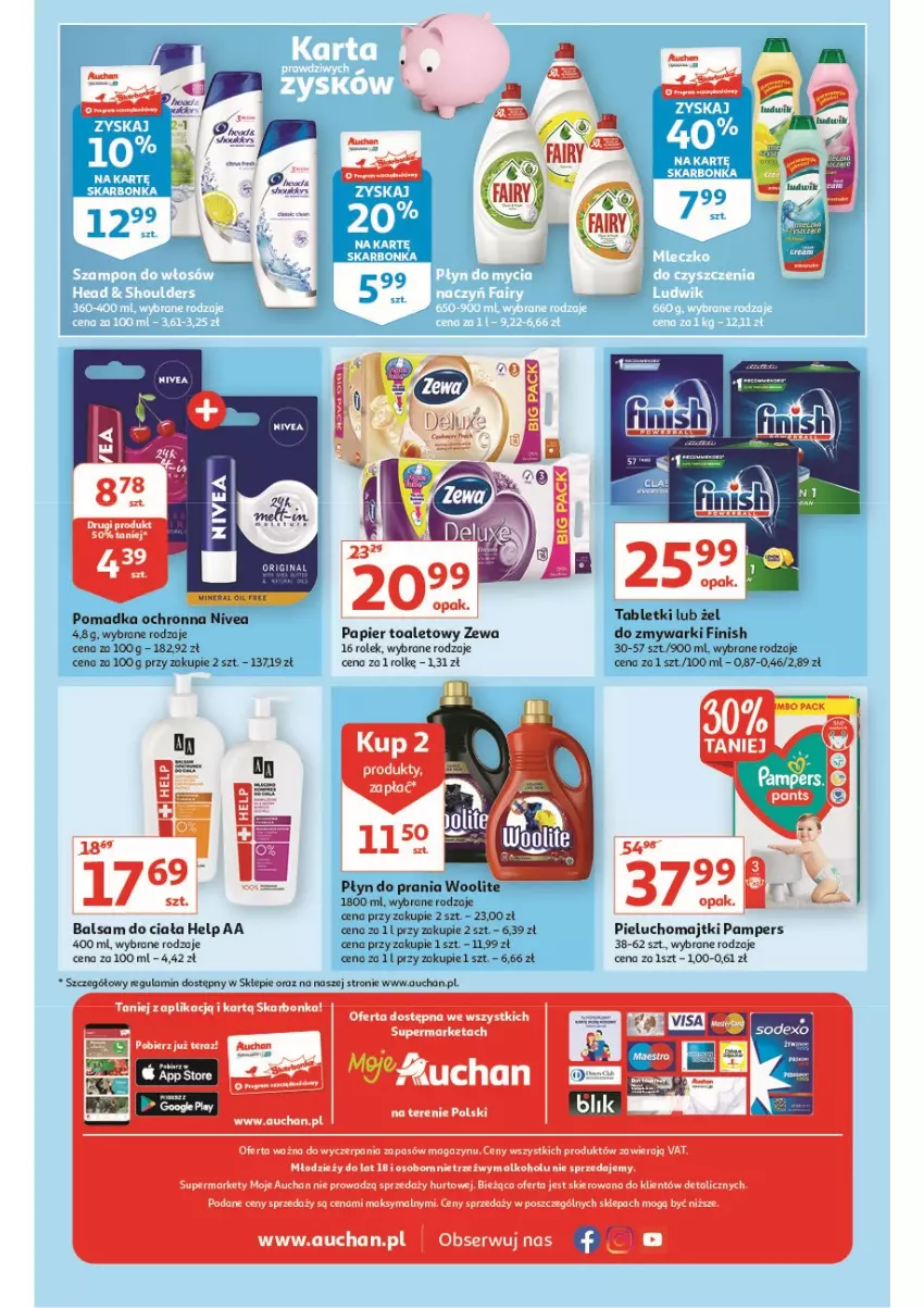 Gazetka promocyjna Auchan - Oszczędzanie z kartą skarbonka Moje Auchan - ważna 14.10 do 20.10.2021 - strona 4 - produkty: Balsam do ciała, Finish, Gin, Majtki, Nivea, Pampers, Papier, Papier toaletowy, Pieluchomajtki, Płyn do prania, Ser, Tablet, Tera, Woolite, Zmywarki