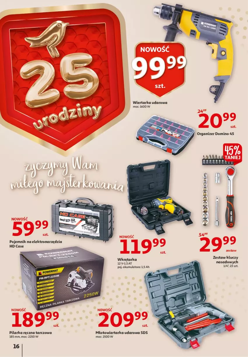 Gazetka promocyjna Auchan - 25 Urodziny – Życzymy wszystkiego kwitnącego - ważna 06.05 do 15.05.2021 - strona 16 - produkty: Akumulator, Młot, Młotowiertarka, Organizer, Pojemnik, Tarka, Wiertarka, Wiertarka udarowa, Wkręt, Wkrętarka, Zestaw kluczy