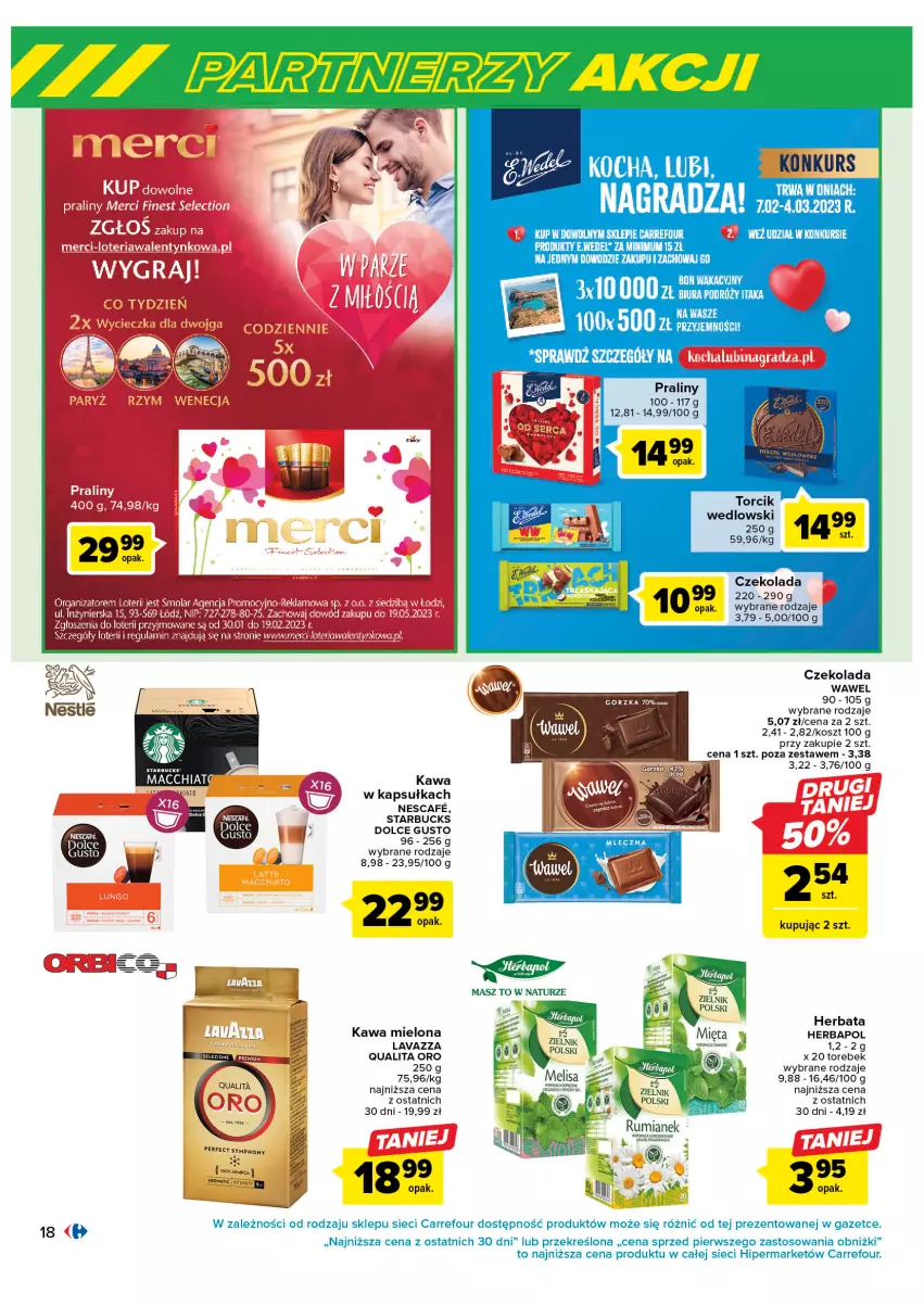 Gazetka promocyjna Carrefour - Gazetka Marki znane i lubiane - ważna 07.02 do 25.02.2023 - strona 18 - produkty: Chia, Czekolada, Dolce Gusto, Herbapol, Herbata, Kawa, Kawa mielona, Kosz, Lavazza, Praliny, Wawel