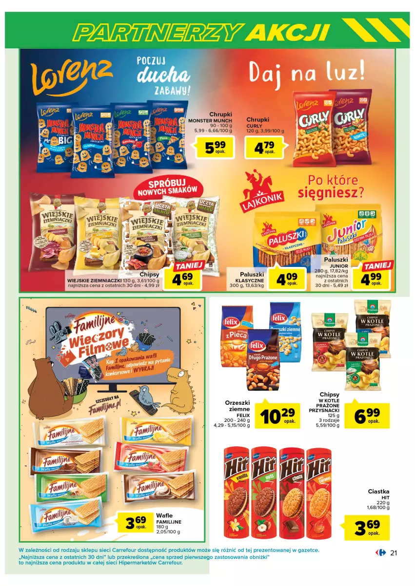 Gazetka promocyjna Carrefour - Gazetka Marki znane i lubiane - ważna 07.02 do 25.02.2023 - strona 21 - produkty: Chipsy, Chrupki, Ciastka, Fa, Felix, LG, Monster Munch, Orzeszki, Przysnacki, Wafle