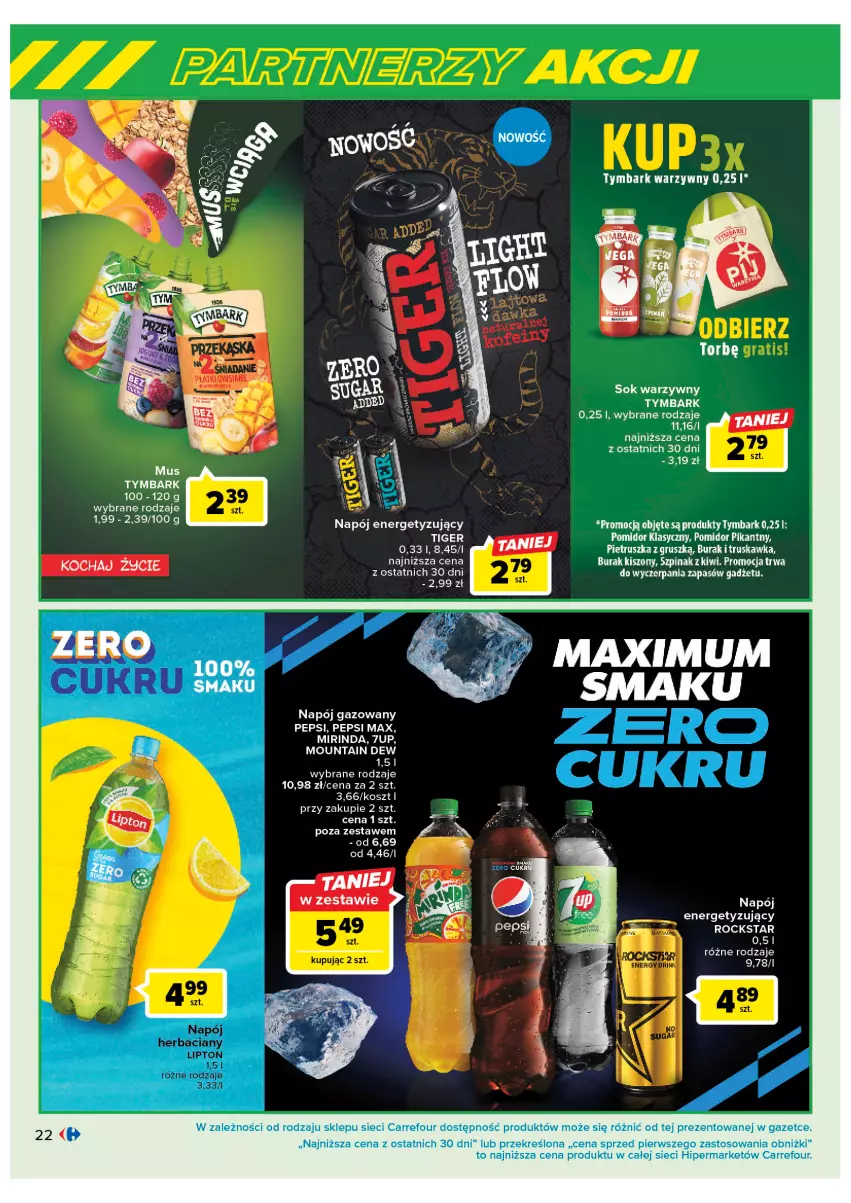 Gazetka promocyjna Carrefour - Gazetka Marki znane i lubiane - ważna 07.02 do 25.02.2023 - strona 22 - produkty: 7up, Kiwi, Kosz, Lipton, Mirinda, Mus, Napój, Napój gazowany, Pepsi, Pepsi max, Pietruszka, Sok, Szpinak, Tymbark, Wazon