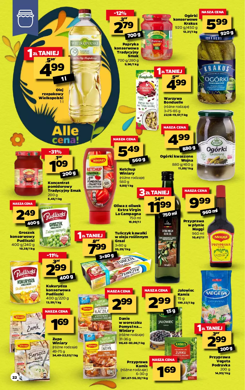 Gazetka promocyjna Netto - Gazetka spożywcza - ważna 29.03 do 03.04.2021 - strona 22 - produkty: Bonduelle, Gin, Gra, Graal, Groszek, Kamis, Kawa, Ketchup, Koncentrat pomidorowy, Krakus, Kukurydza, Kukurydza konserwowa, Maggi, Ogórki konserwowe, Olej, Olej rzepakowy, Oliwa z oliwek, Papryka, Podravka, Przyprawa w płynie, Pudliszki, Ser, Tuńczyk, Vegeta, Warzywa, Winiary, Zupa