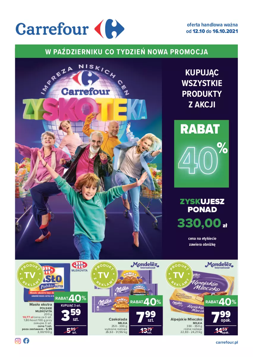 Gazetka promocyjna Carrefour - Gazetka Carrefour Zyskoteka - ważna 12.10 do 17.10.2021 - strona 1 - produkty: Czekolada, Kosz, Masło, Milka, Mleczko, Mleko, Mlekovita