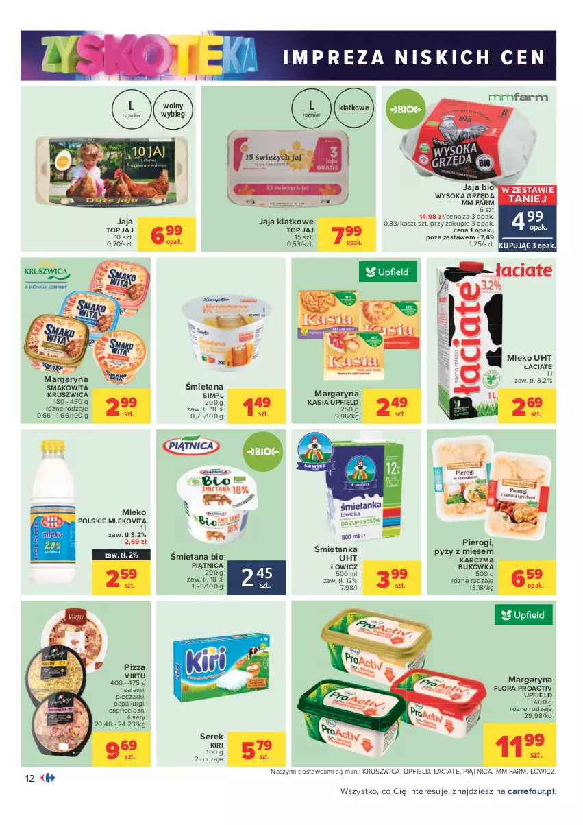 Gazetka promocyjna Carrefour - Gazetka Carrefour Zyskoteka - ważna 12.10 do 17.10.2021 - strona 12 - produkty: Fa, Flora, Jaja, Kasia, Kosz, Margaryna, Mleko, Mlekovita, Piątnica, Piec, Pierogi, Pizza, Salami, Ser, Serek, Smakowita, Sok, Top, Virtu