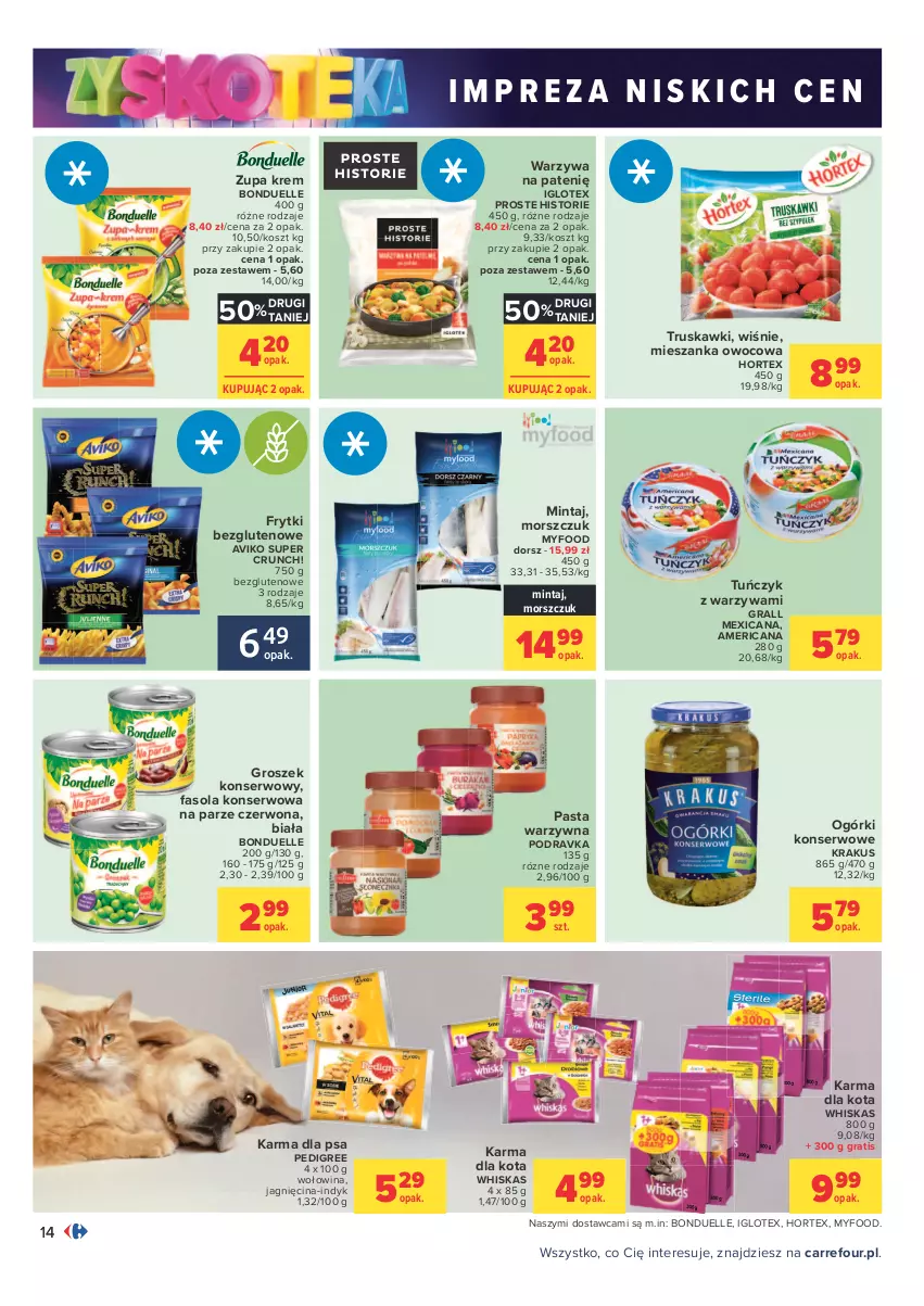 Gazetka promocyjna Carrefour - Gazetka Carrefour Zyskoteka - ważna 12.10 do 17.10.2021 - strona 14 - produkty: Bonduelle, Dorsz, Fa, Fasola, Frytki, Gra, Groszek, Hortex, Kosz, Krakus, Mintaj, Ogórki konserwowe, Pasta warzywna, Pedigree, Podravka, Ser, Truskawki, Tuńczyk, Warzywa, Whiskas, Wołowina, Zupa