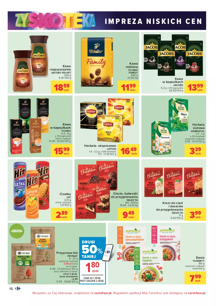 Gazetka promocyjna Carrefour - Gazetka Carrefour Zyskoteka - ważna 12.10 do 17.10.2021 - strona 16 - produkty: Babeczki, Ciastka, Delecta, Deser, Fa, Herbapol, Herbata, Jacobs, Jacobs Velvet, Kawa, Kawa mielona, Kawa rozpuszczalna, Kosz, Lipton, Prymat, Ser, Tchibo, Tchibo Family, Velvet