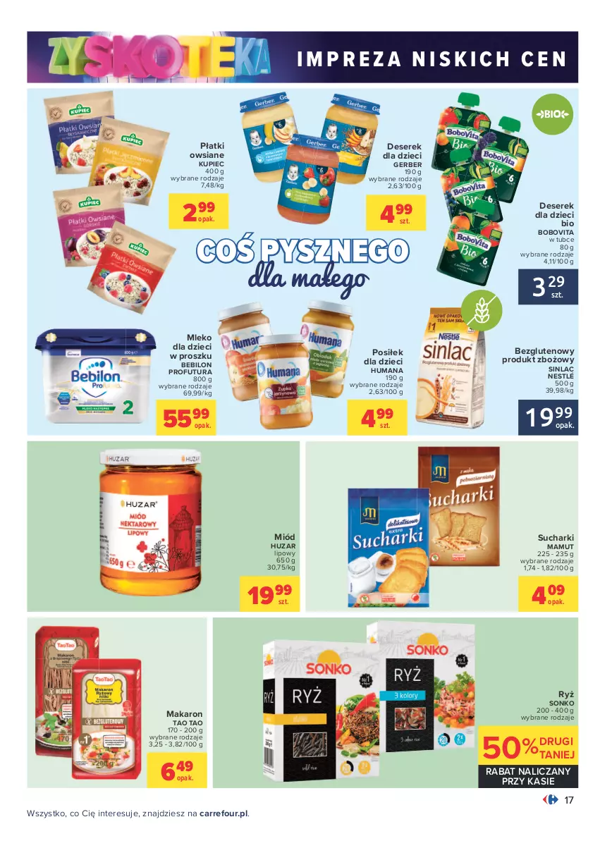 Gazetka promocyjna Carrefour - Gazetka Carrefour Zyskoteka - ważna 12.10 do 17.10.2021 - strona 17 - produkty: BoboVita, Deser, Dzieci, Gerber, Humana, Kupiec, Makaron, Miód, Mleko, Mleko dla dzieci, Nestlé, Piec, Płatki owsiane, Ryż, Ser, Serek, Sinlac, Sonko