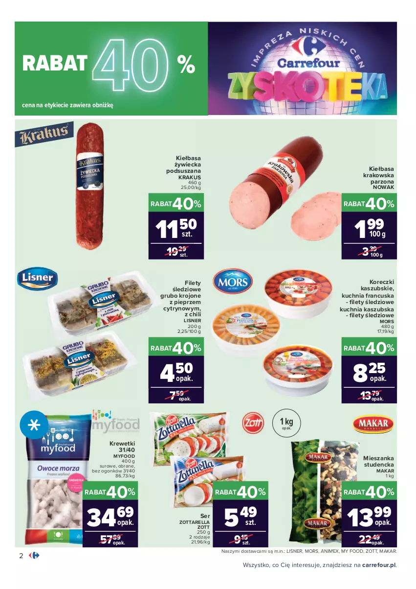 Gazetka promocyjna Carrefour - Gazetka Carrefour Zyskoteka - ważna 12.10 do 17.10.2021 - strona 2 - produkty: Kiełbasa, Kiełbasa krakowska, Koreczki kaszubskie, Krakus, Krewetki, Kuchnia, Lisner, Mieszanka studencka, NOWAK, Pieprz, Ser, Zott, Zottarella