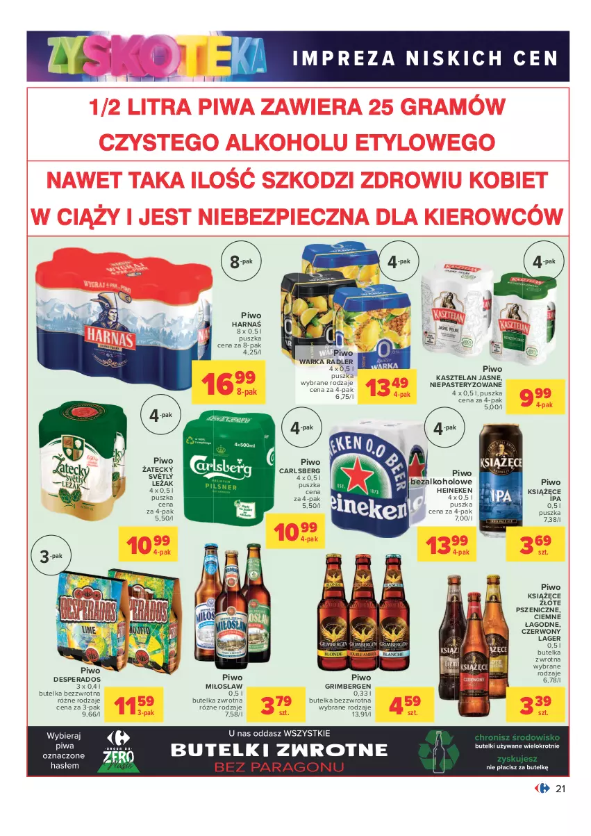 Gazetka promocyjna Carrefour - Gazetka Carrefour Zyskoteka - ważna 12.10 do 17.10.2021 - strona 21 - produkty: Carlsberg, Desperados, Gra, Harnaś, Heineken, Kasztelan, Książęce, Piec, Piwa, Piwo, Radler, Warka