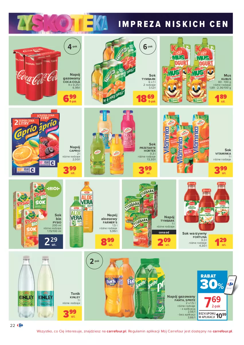 Gazetka promocyjna Carrefour - Gazetka Carrefour Zyskoteka - ważna 12.10 do 17.10.2021 - strona 22 - produkty: Coca-Cola, Fa, Fanta, Fortuna, Hortex, Inka, Kubuś, Mus, Napój, Napój gazowany, Sok, Sprite, Tonik, Tymbark