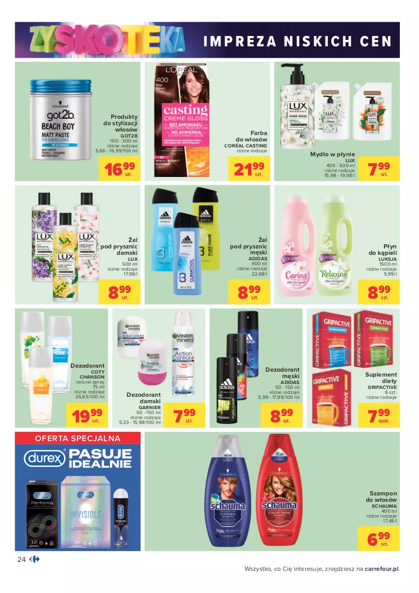 Gazetka promocyjna Carrefour - Gazetka Carrefour Zyskoteka - ważna 12.10 do 17.10.2021 - strona 24 - produkty: Adidas, Dezodorant, Fa, Farba do włosów, Garnier, Got2b, L’Oréal, Luksja, Mydło, Mydło w płynie, Płyn do kąpieli, Schauma, Suplement diety, Szampon