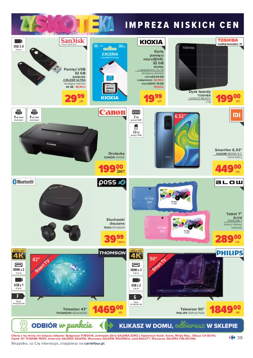 Gazetka promocyjna Carrefour - Gazetka Carrefour Zyskoteka - ważna 12.10 do 17.10.2021 - strona 39 - produkty: Canon, Drukarka, Karta pamięci, Philips, Słuchawki, Smartfon, Tablet, Telewizor, Thomson, Toshiba