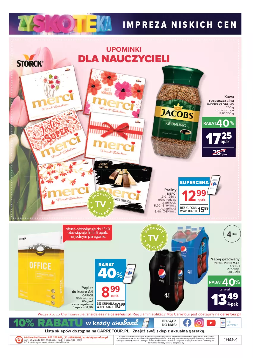 Gazetka promocyjna Carrefour - Gazetka Carrefour Zyskoteka - ważna 12.10 do 17.10.2021 - strona 43 - produkty: Jacobs, Kawa, Kawa rozpuszczalna, Merci, Napój, Napój gazowany, O nas, Papier, Papier do ksero, Pepsi, Pepsi max, Praliny, Ser