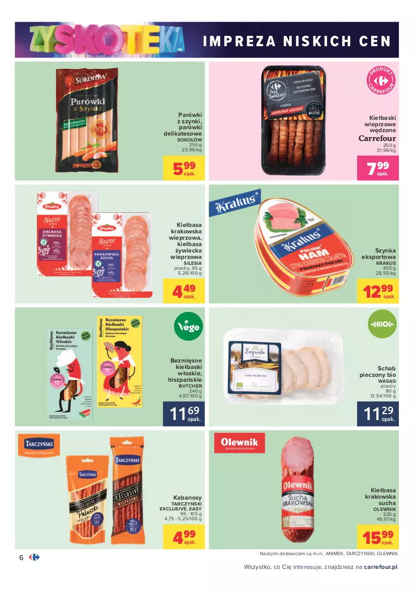 Gazetka promocyjna Carrefour - Gazetka Carrefour Zyskoteka - ważna 12.10 do 17.10.2021 - strona 6 - produkty: Kabanos, Kiełbasa, Kiełbasa krakowska, Krakus, Olewnik, Parówki, Parówki z szynki, Piec, Por, Schab pieczony, Sok, Sokołów, Sport, Szynka, Tarczyński