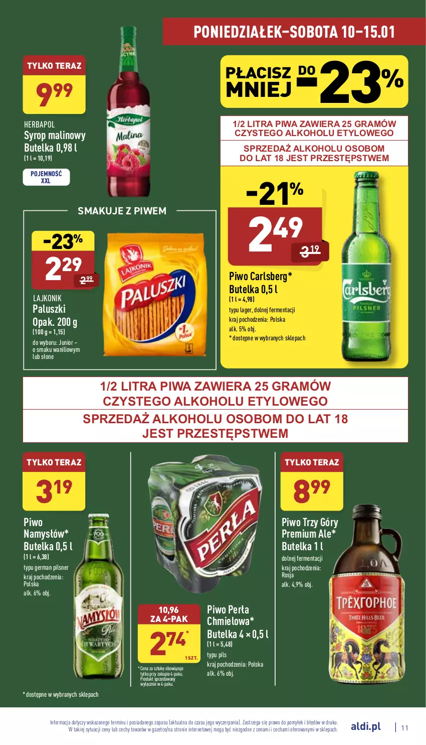 Gazetka promocyjna Aldi - Katalog spożywczy - ważna 10.01 do 15.01.2022 - strona 11 - produkty: Carlsberg, Gra, Herbapol, Lajkonik, Namysłów, Perła, Piwa, Piwo, Syrop, Tera