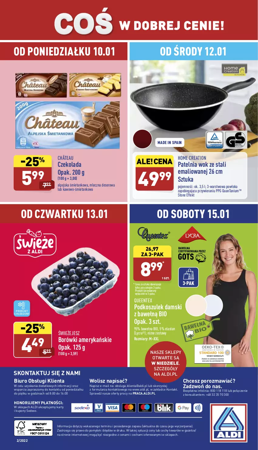 Gazetka promocyjna Aldi - Katalog spożywczy - ważna 10.01 do 15.01.2022 - strona 26 - produkty: Biuro, Czekolada, Deser, Kosz, O nas, Patelnia, Podkoszulek, Por, Queentex, Ser, Wełna