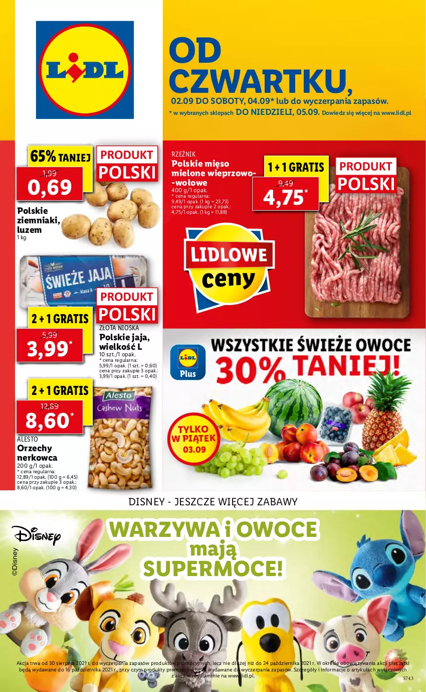 Gazetka promocyjna Lidl - GAZETKA - ważna 02.09 do 05.09.2021 - strona 1 - produkty: Disney, Gra, Jaja, Mięso, Mięso mielone, Owoce, Piec, Skaner, Warzywa, Warzywa i owoce, Ziemniaki