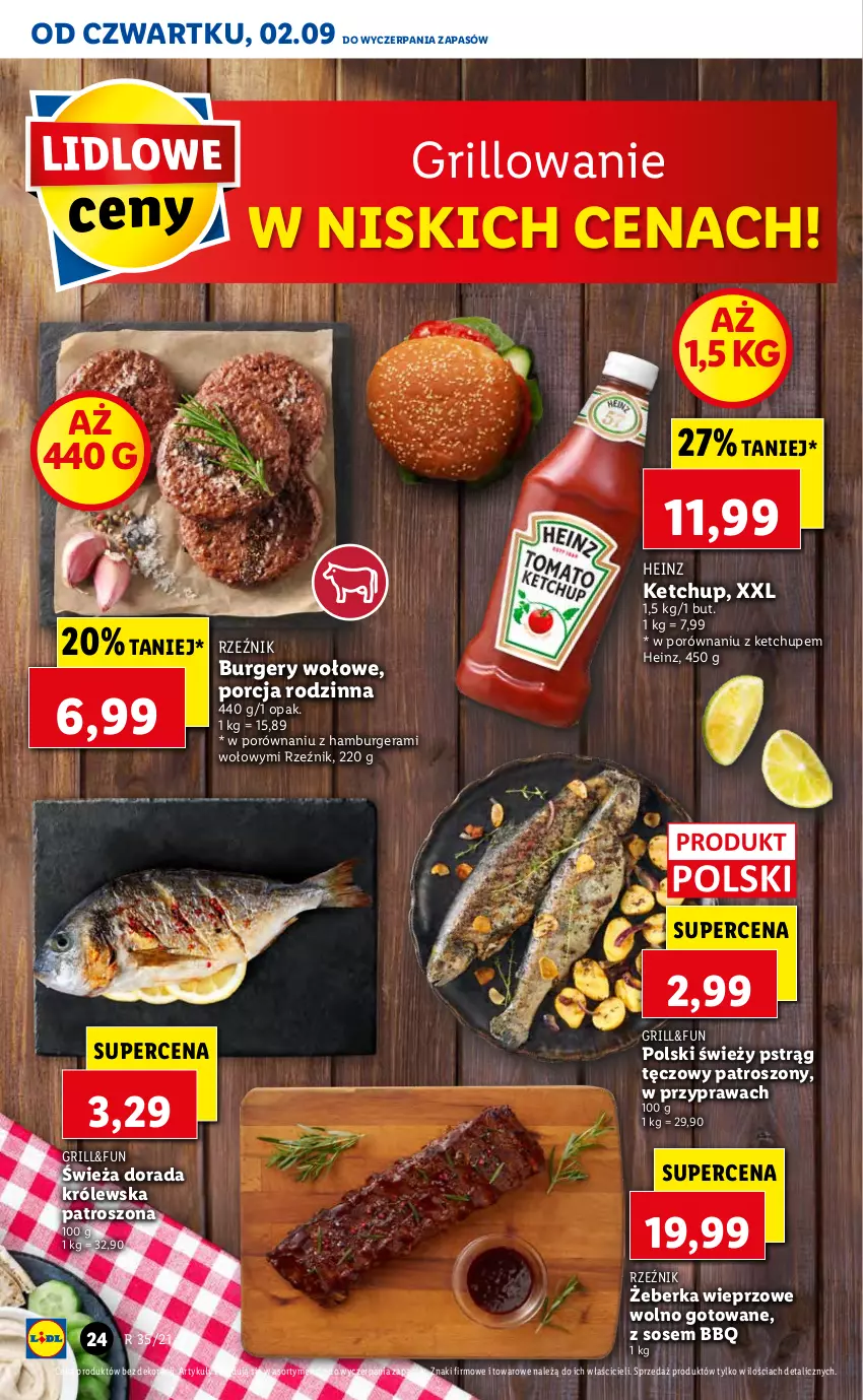 Gazetka promocyjna Lidl - GAZETKA - ważna 02.09 do 05.09.2021 - strona 24 - produkty: Burger, Grill, Hamburger, Heinz, Ketchup, Por, Pstrąg, Pstrąg tęczowy, Sos