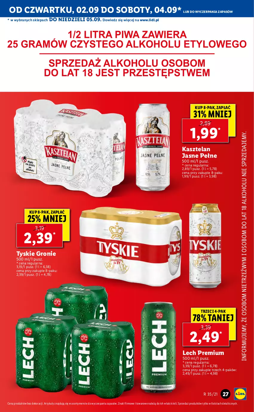 Gazetka promocyjna Lidl - GAZETKA - ważna 02.09 do 05.09.2021 - strona 27 - produkty: Kasztelan, Lech Premium, Tyskie