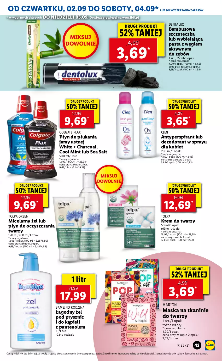 Gazetka promocyjna Lidl - GAZETKA - ważna 02.09 do 05.09.2021 - strona 43 - produkty: Antyperspirant, Colgate, Dezodorant, Krem do twarzy, LG, Maska, Płyn do płukania, Płyn do płukania jamy ustnej, Szczoteczka, Tołpa