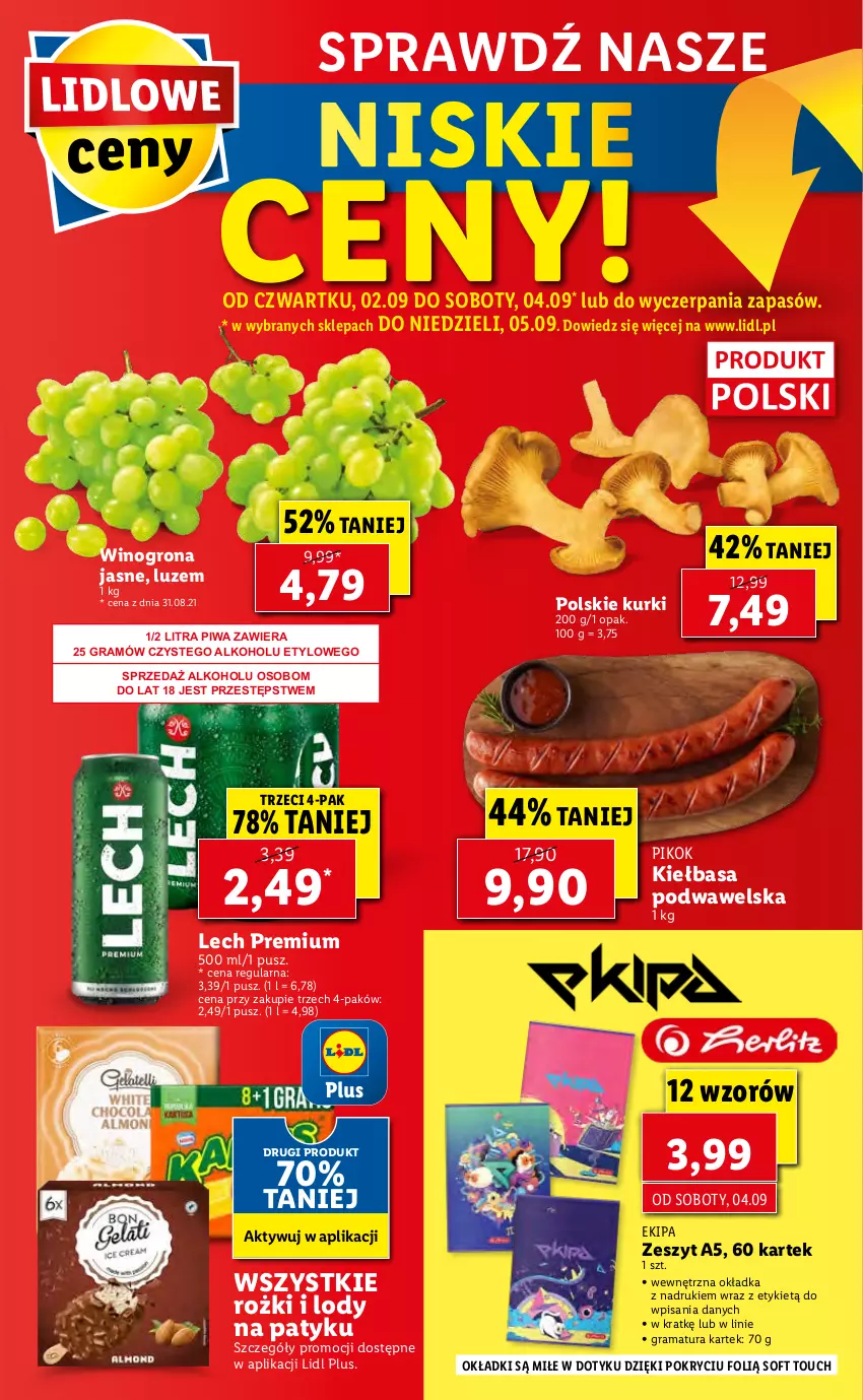 Gazetka promocyjna Lidl - GAZETKA - ważna 02.09 do 05.09.2021 - strona 50 - produkty: Gra, Kiełbasa, Kiełbasa podwawelska, Lech Premium, Lody, PIKOK, Piwa, Rama, Wawel, Wino, Winogrona