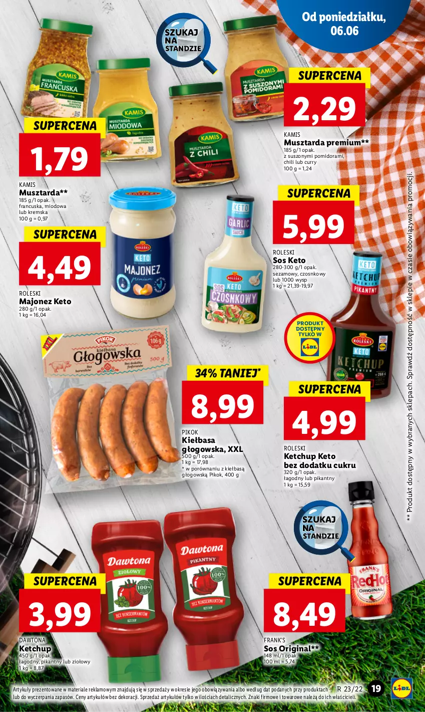 Gazetka promocyjna Lidl - GAZETKA - ważna 06.06 do 08.06.2022 - strona 19 - produkty: Dawtona, Gin, Kamis, Ketchup, Kiełbasa, Kiełbasa głogowska, Majonez, Mus, Musztarda, PIKOK, Por, Sezam, Sos