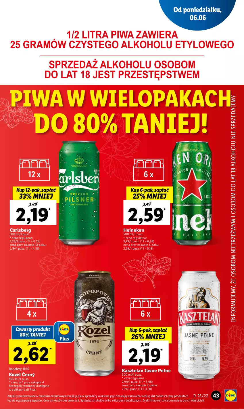 Gazetka promocyjna Lidl - GAZETKA - ważna 06.06 do 08.06.2022 - strona 43 - produkty: Carlsberg, Heineken, Kasztelan, Kozel, Piwa