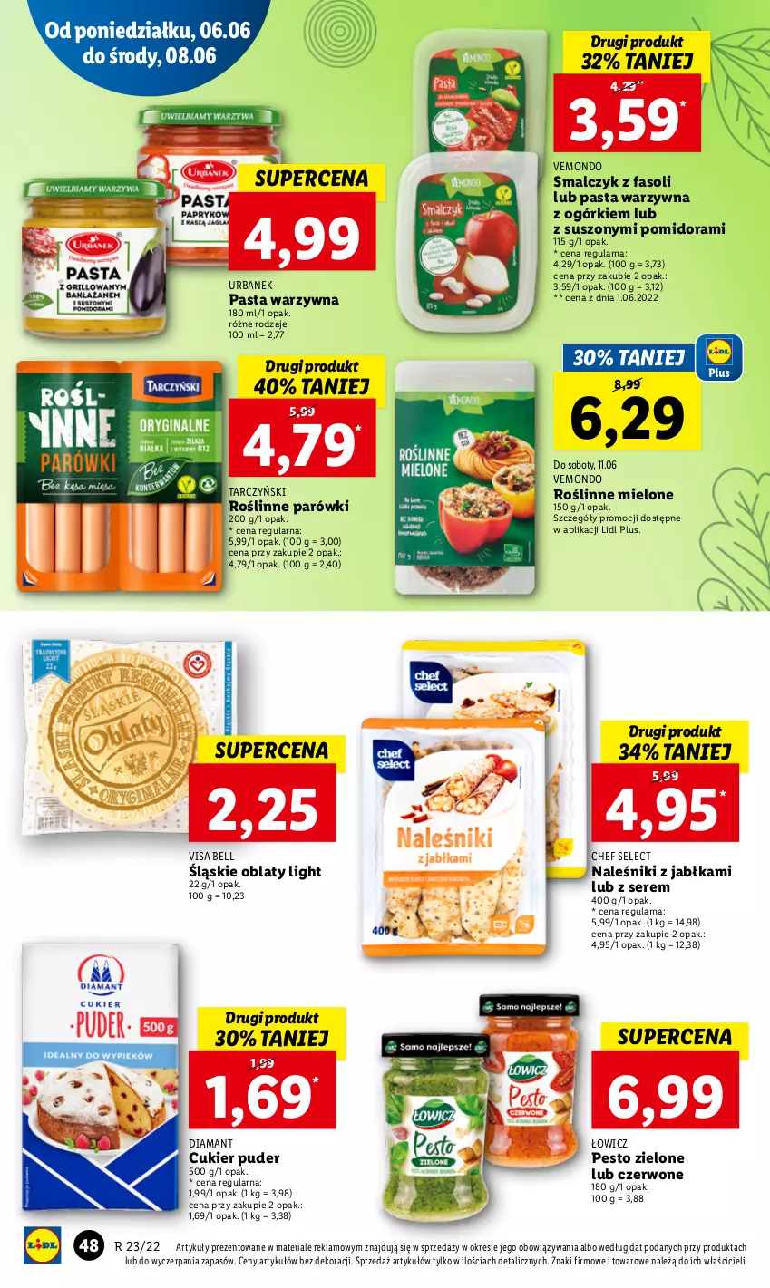 Gazetka promocyjna Lidl - GAZETKA - ważna 06.06 do 08.06.2022 - strona 48 - produkty: Bell, Cukier, Cukier puder, Diamant, Fa, Jabłka, Naleśniki, Parówki, Pasta warzywna, Pesto, Puder, Ser, Tarczyński