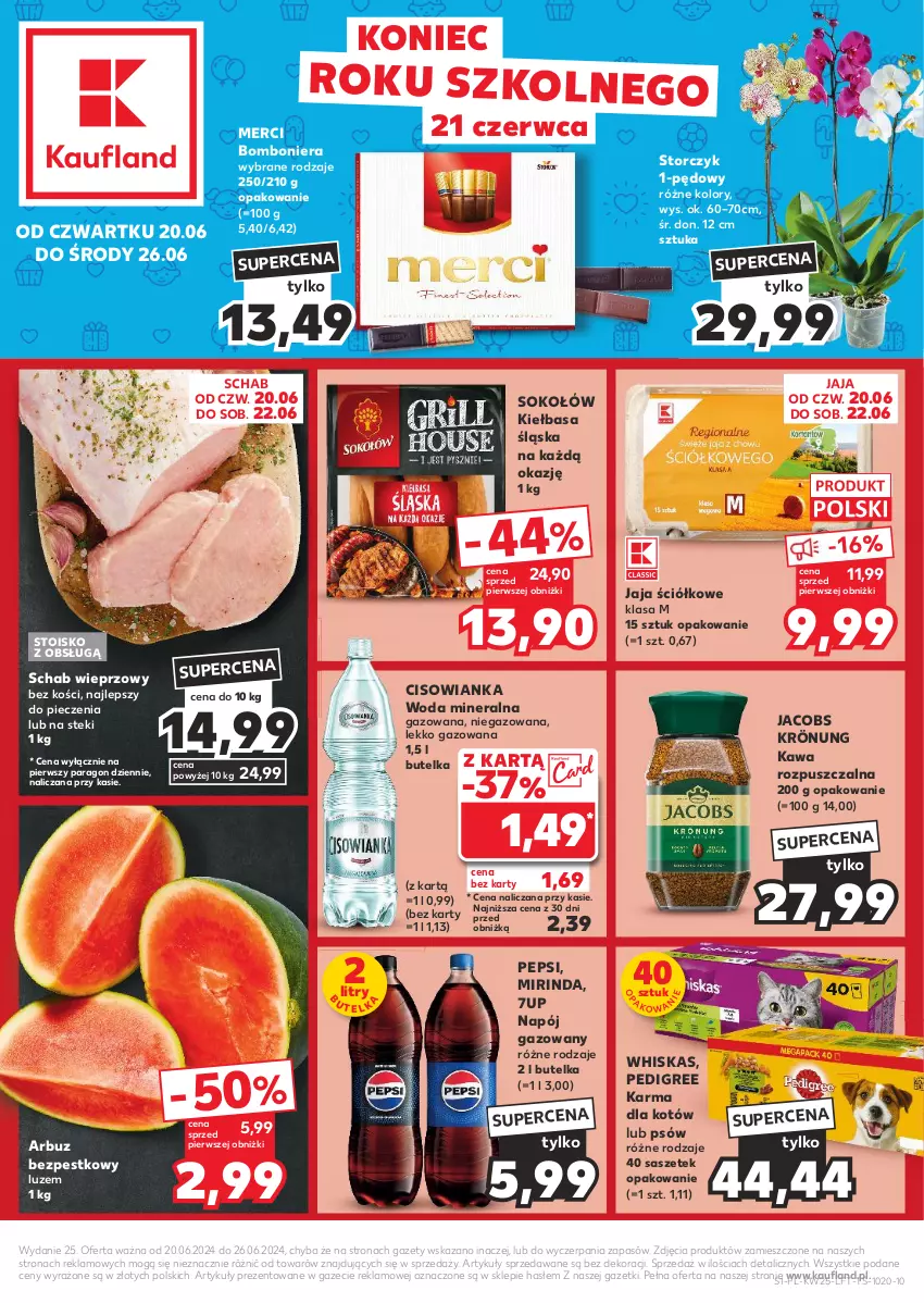 Gazetka promocyjna Kaufland - Gazetka tygodnia - ważna 20.06 do 26.06.2024 - strona 1 - produkty: 7up, Arbuz, Bomboniera, Cisowianka, Jacobs, Jacobs Krönung, Jaja, Kawa, Kawa rozpuszczalna, Kiełbasa, Kiełbasa śląska, Merci, Mirinda, Napój, Napój gazowany, Pedigree, Pepsi, Piec, Schab wieprzowy, Sok, Sokołów, Stek, Storczyk, Whiskas, Woda, Woda mineralna