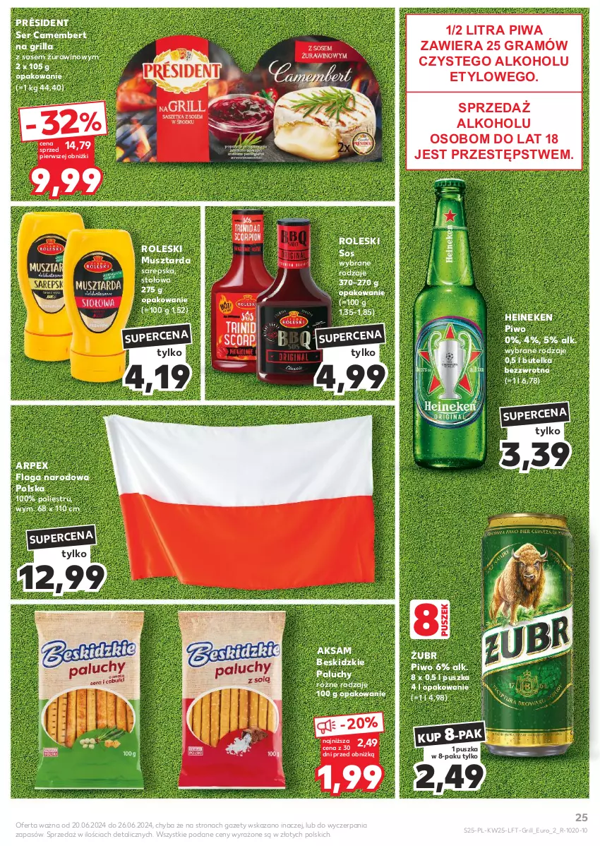 Gazetka promocyjna Kaufland - Gazetka tygodnia - ważna 20.06 do 26.06.2024 - strona 25 - produkty: Aksam, Beskidzki, Camembert, Gra, Grill, Heineken, Mus, Musztarda, Piwa, Piwo, Président, Ser, Sos, Wino